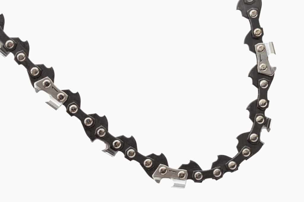 A close-up of a chainsaw chain with sharp cutting teeth against a white background.